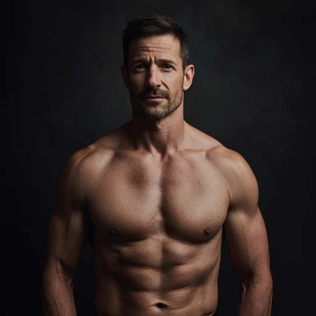 Shirtless man in his 40s with a muscular build and short hair posing against a dark background.