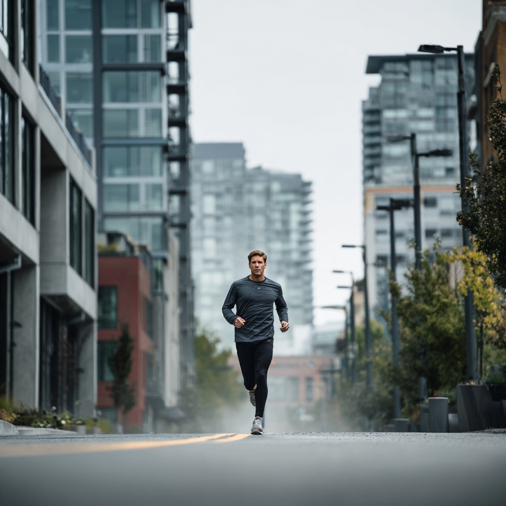 Man in athletic clothing running down a city street lined with modern buildings.