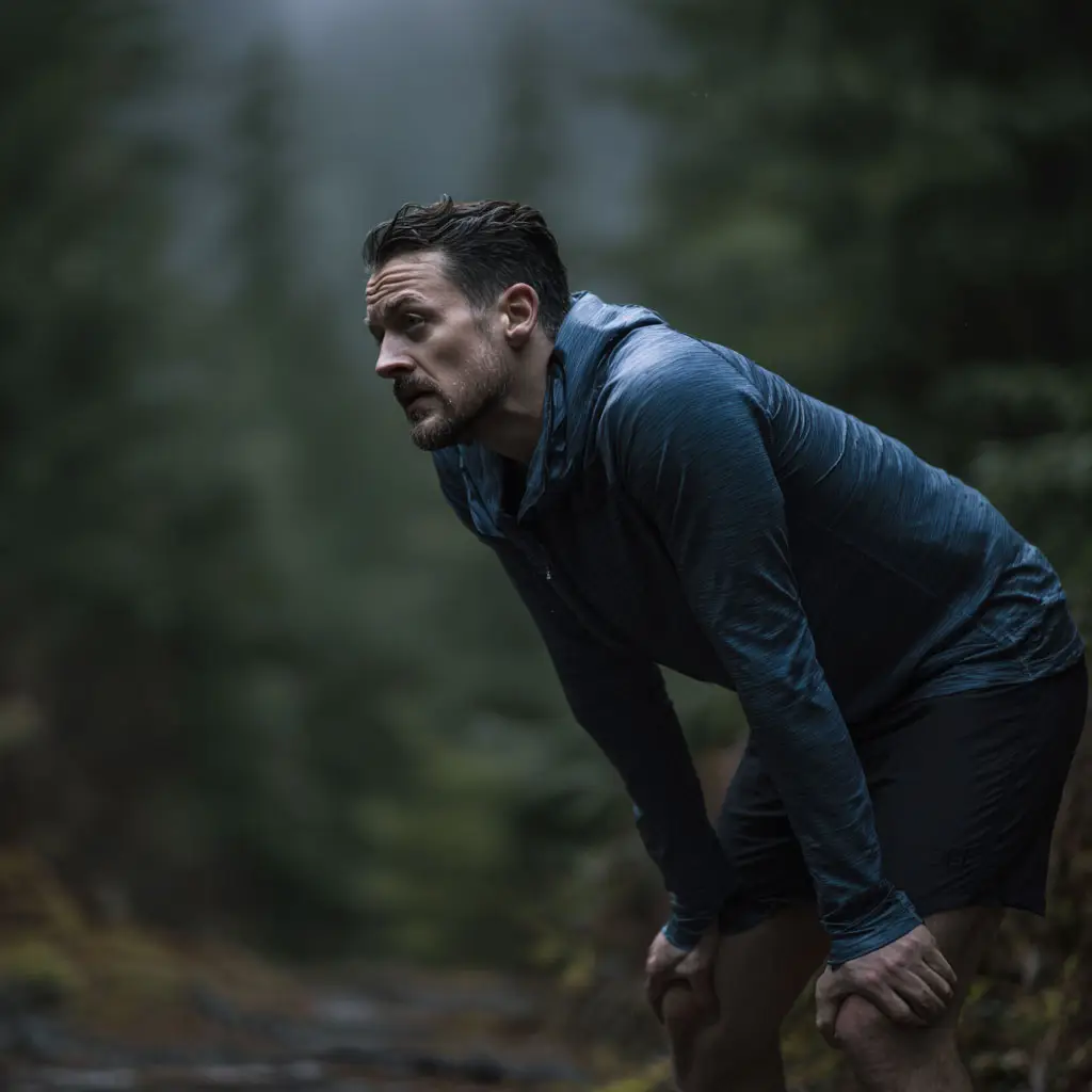 Man in a blue hoodie and shorts resting with hands on knees in a misty forest trail.