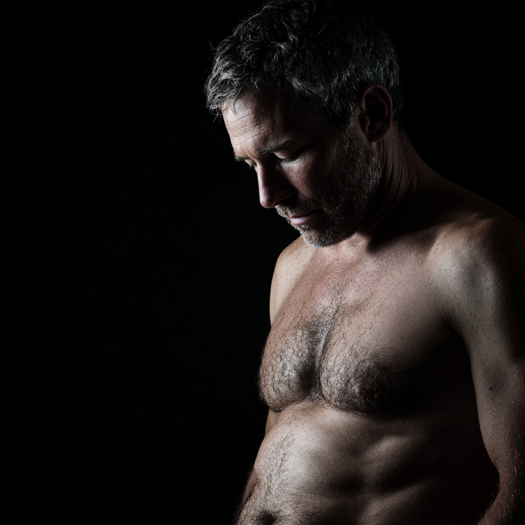 Shirtless middle-aged man with gray hair looking down against a dark background.
