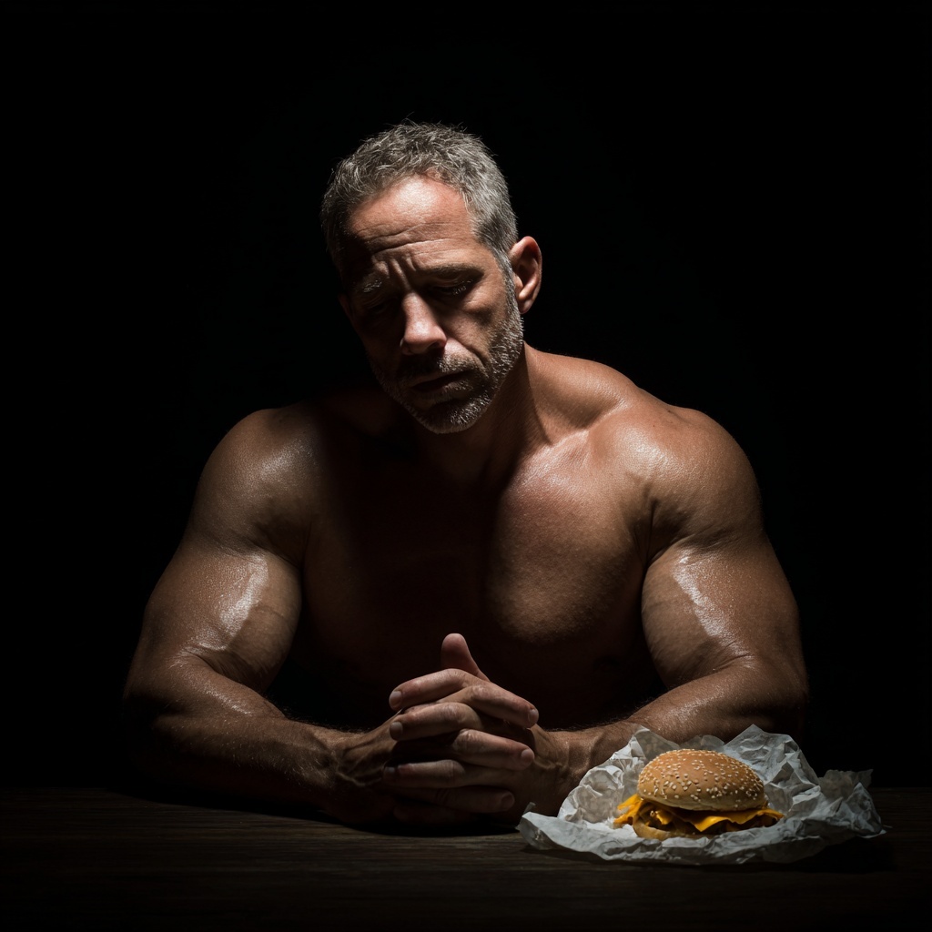 Muscular man with gray hair sitting at a table, looking down at a cheeseburger wrapped in paper.