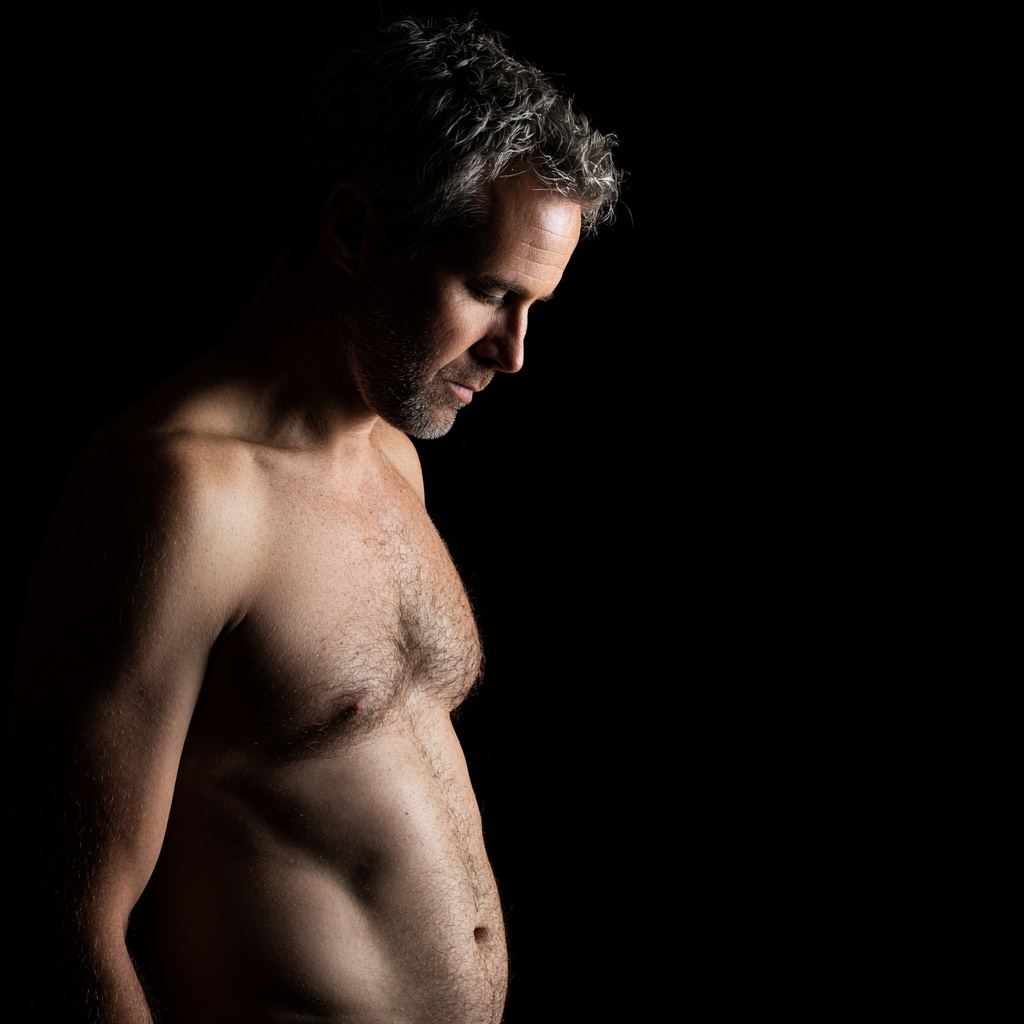 Shirtless middle-aged man with gray hair standing in profile against a dark background.