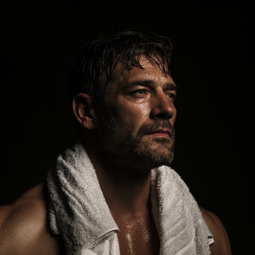 Man with a towel around his neck, looking up with a focused expression, glistening with sweat in low light.