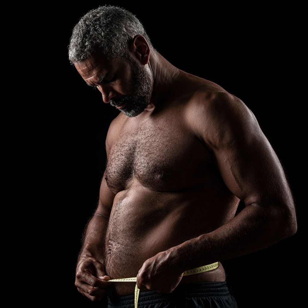 Bearded man in his 50s measuring his waist with a tape measure against a dark background.