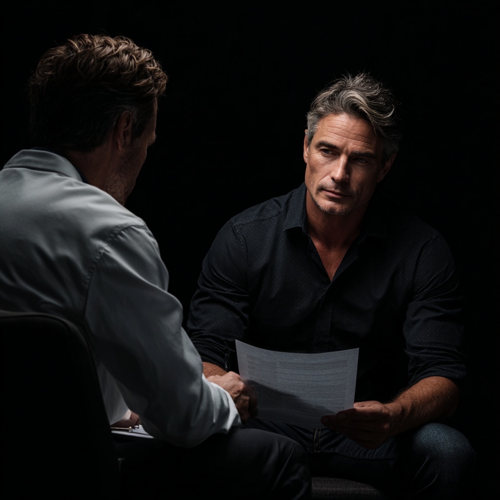 Man in a black shirt sitting across from another man, holding a document in a dimly lit room.