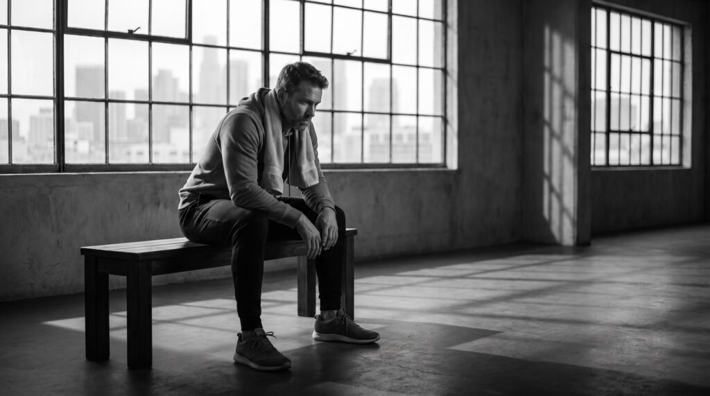 Man sitting on a gym bench in thought after a workout