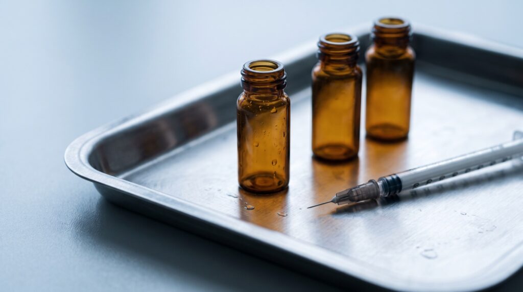 Amber medical vials of peptide medication with an insulin syringe on a steel tray