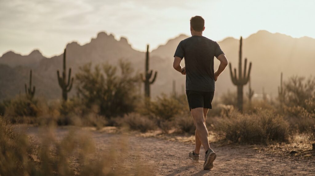 Man jogging on an Arizona desert trail at sunrise