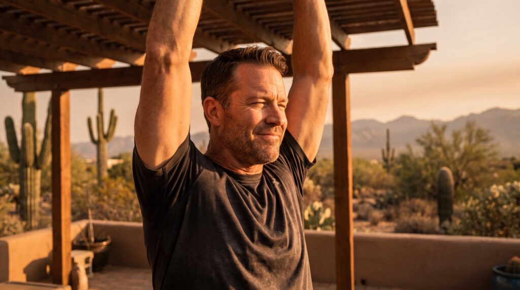 Man stretching his arms overhead on a backyard patio at golden hour