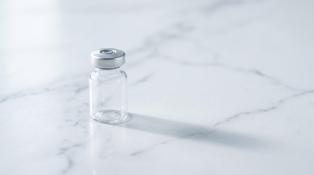 Small glass vial of sermorelin on a marble countertop