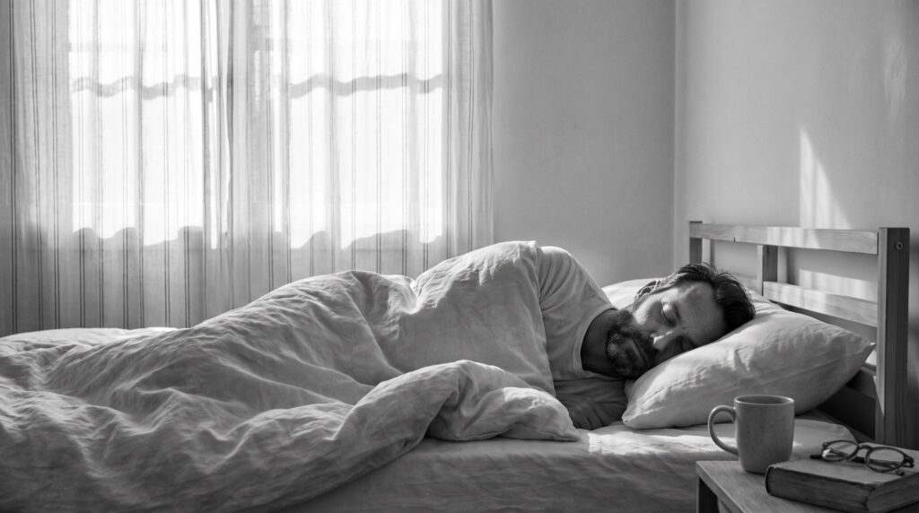 Man sleeping deeply in a bright bedroom in early morning light