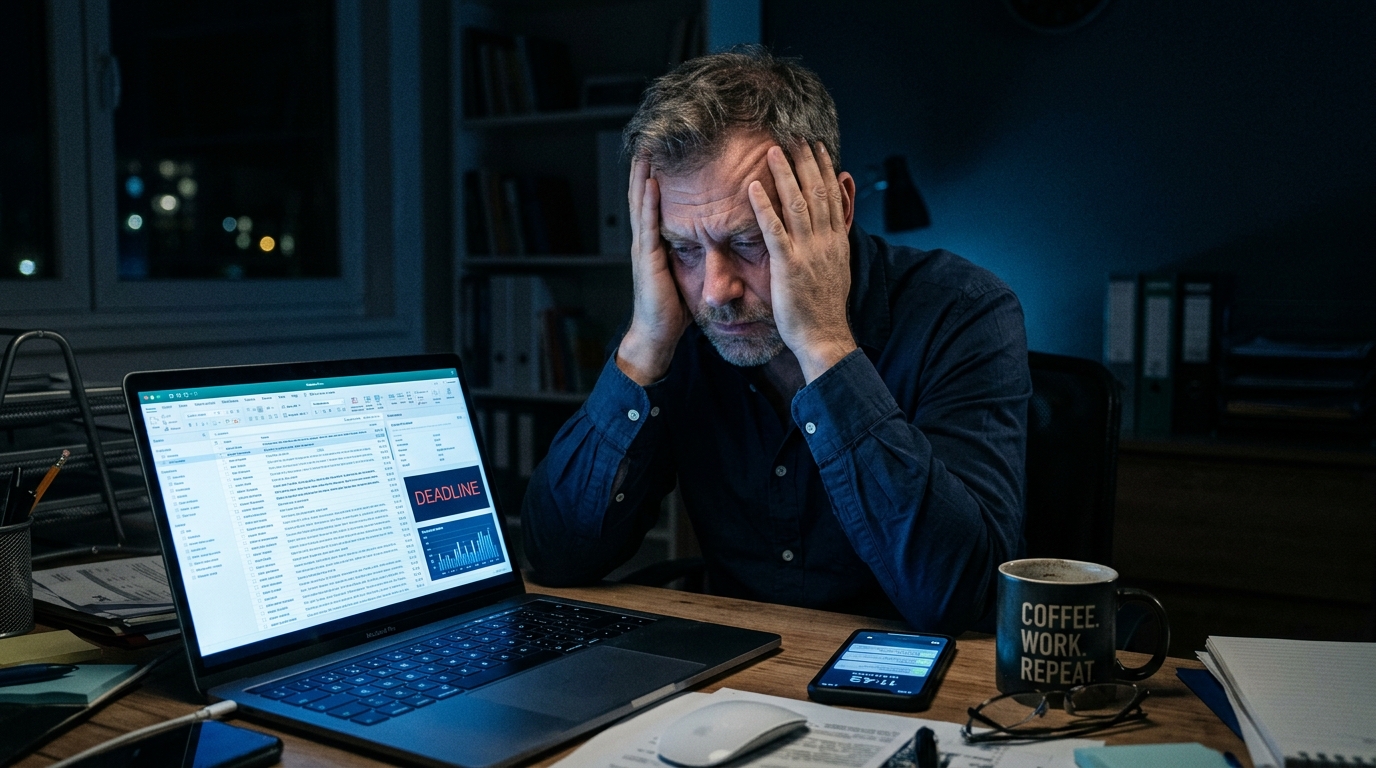 Stressed man working late at a desk, keeping cortisol elevated