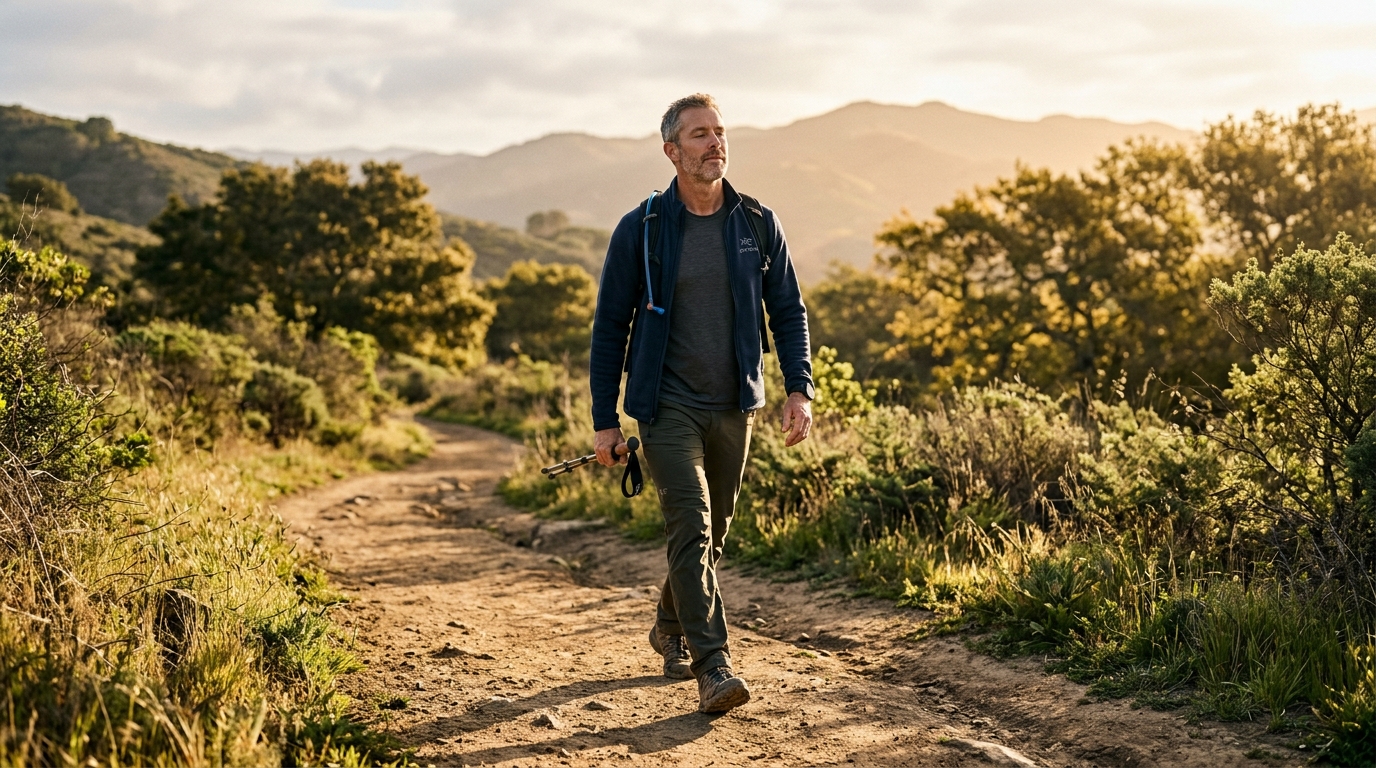 Man walking outdoors in morning light to lower cortisol naturally