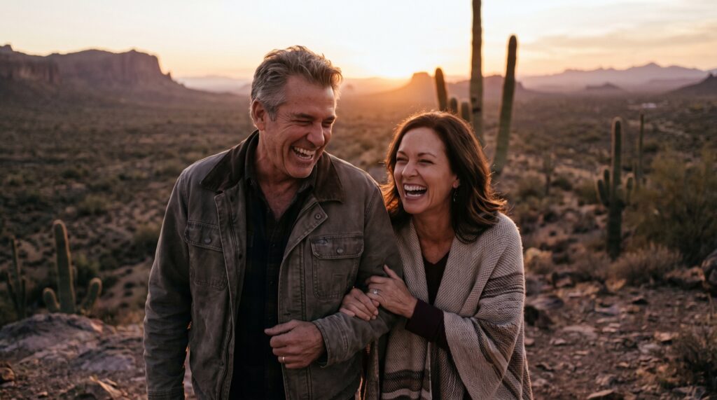 Happy couple laughing together on a desert trail at sunset