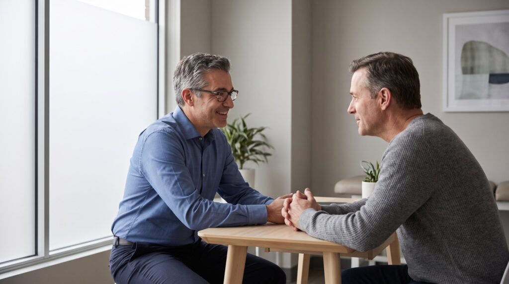 Physician consulting with a male patient in a modern clinic office
