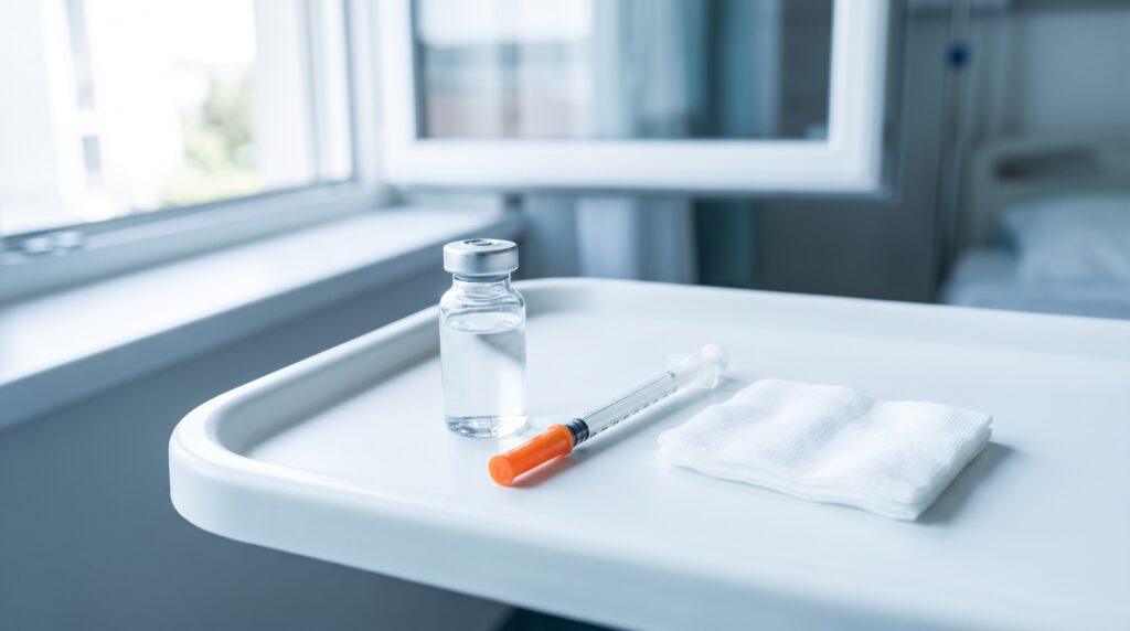 Medication vial and capped insulin syringe on a clean clinical tray beside folded gauze
